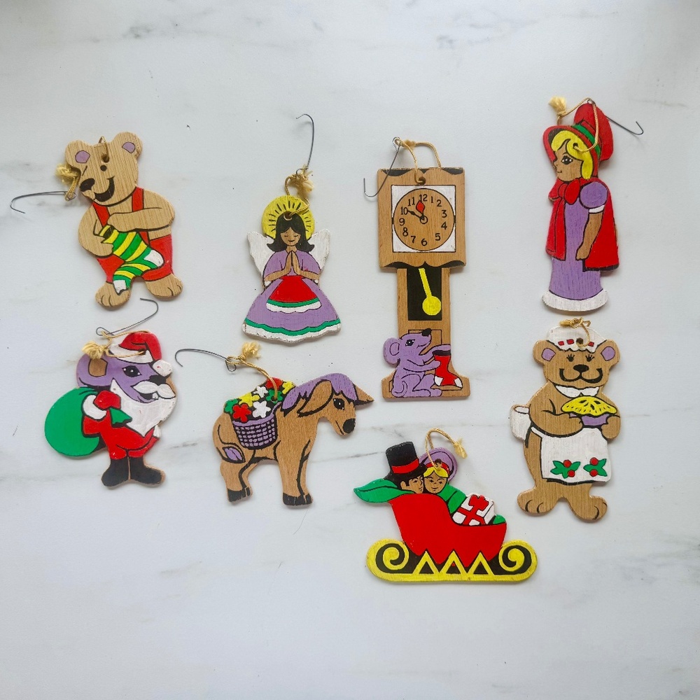 Vintage (1970's) Hand Painted Wooden Christmas Ornaments, Set of 8, Artisan USA